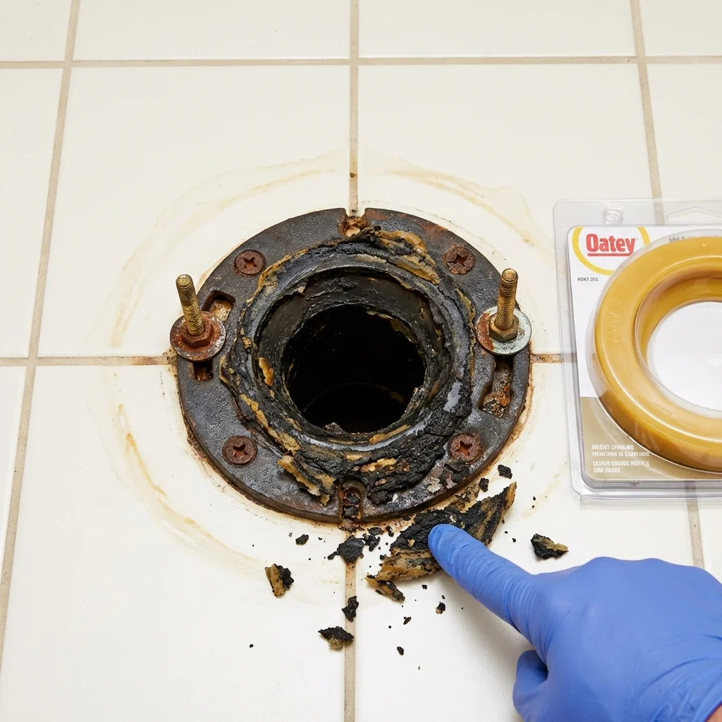 Failed wax ring showing water seepage at the base of a toilet in a Englewood, FL home