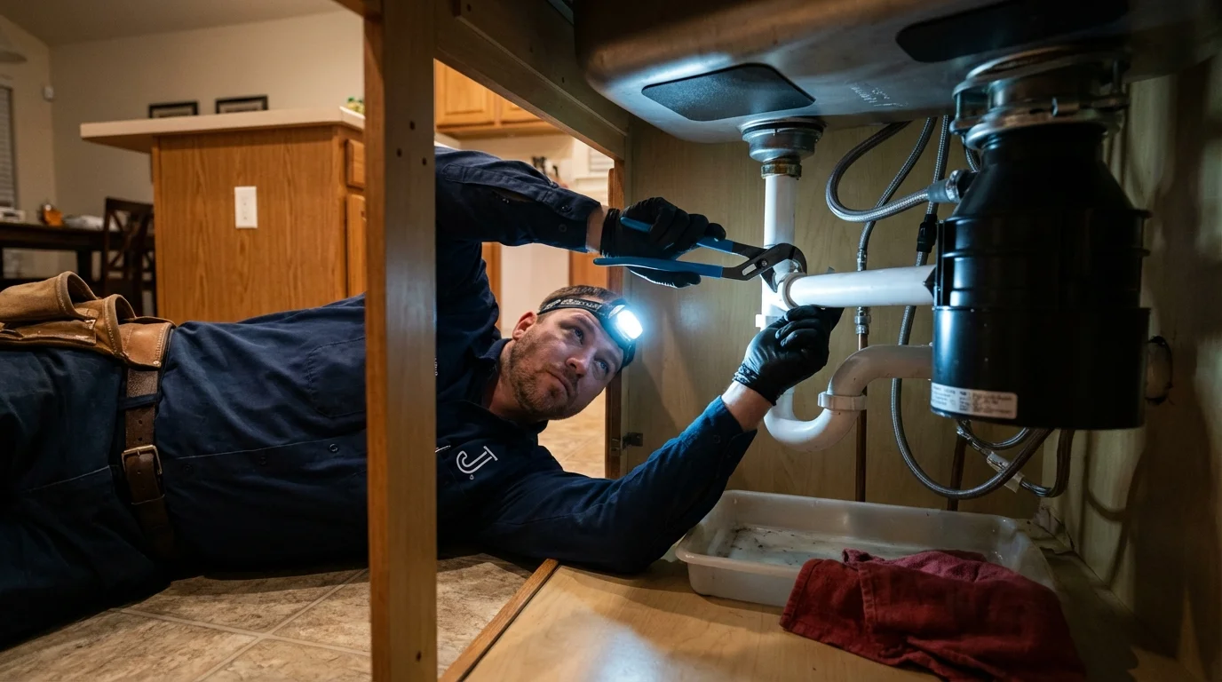 P-trap and supply line connections under a kitchen sink showing a common leak point in Englewood, FL